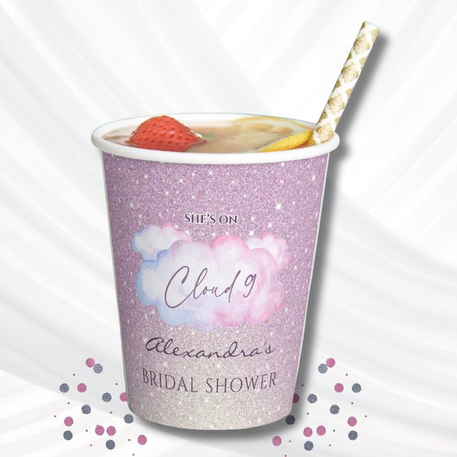 Pink Glitter She's on Cloud 9 Bridal Shower Paper Cups (Creator Uploaded)
