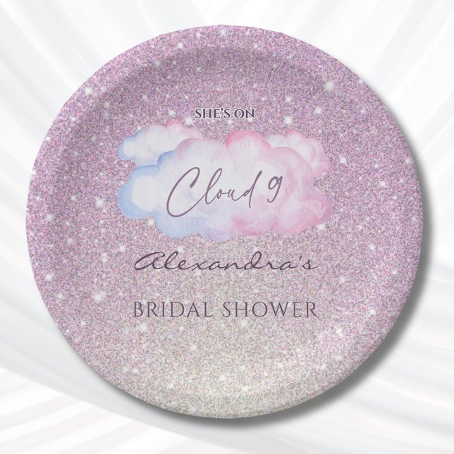 Pink Glitter She's on Cloud 9 Bridal Shower Paper Plates (Creator Uploaded)