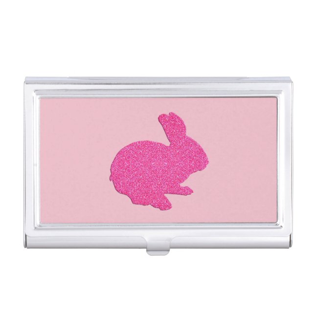Pink Glitter Silhouette Bunny Business Card Holder (Front)