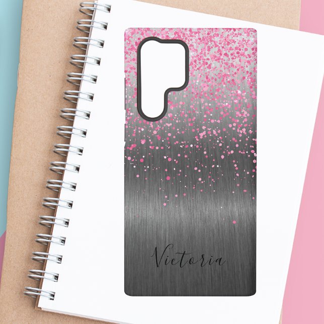 Pink Glitter Silver Metal Personalized Glam Samsung Galaxy Case (Creator Uploaded)