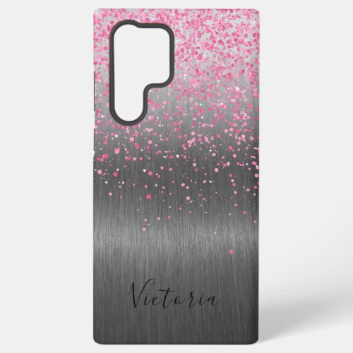 Pink Glitter Silver Metal Personalized Glam Samsung Galaxy S22 Ultra Case