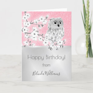 Pink Glitter Silver Owl Happy Birthday Card