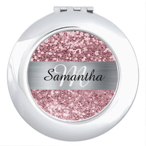 Pink Glitter Silver Shimmer Foil Monogram Compact Mirror