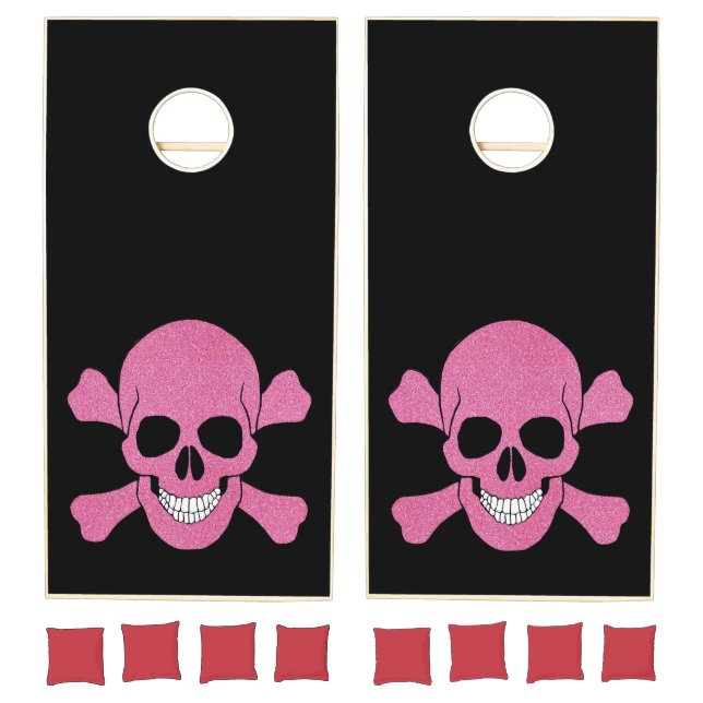 Pink Glitter Skull And Crossbones Cornhole Set (Set)