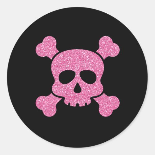 Pink Glitter Skull and Crossbones on Black Classic Round Sticker