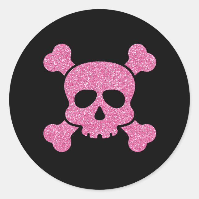 Pink Glitter Skull and Crossbones on Black Classic Round Sticker (Front)