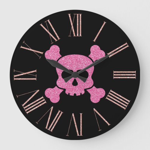 Pink Glitter Skull and Crossbones on Black Large Clock