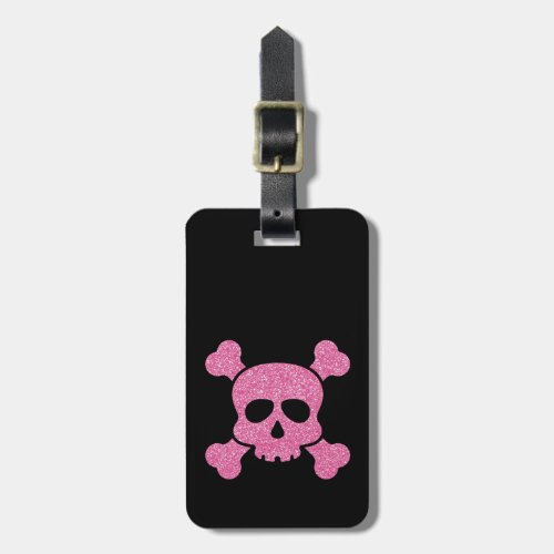 Pink Glitter Skull and Crossbones on Black Luggage Tag