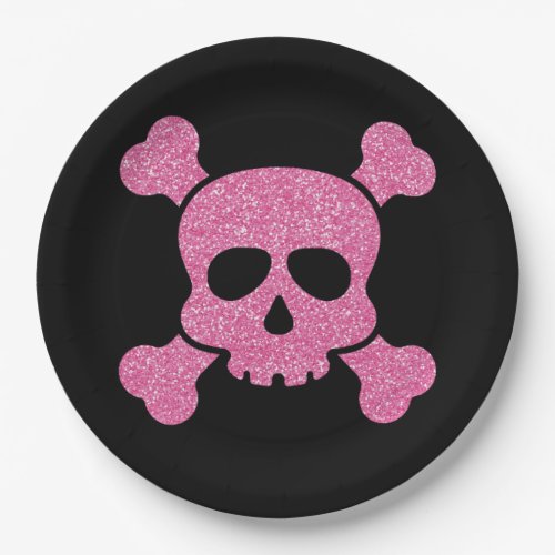 Pink Glitter Skull and Crossbones on Black Paper Plates