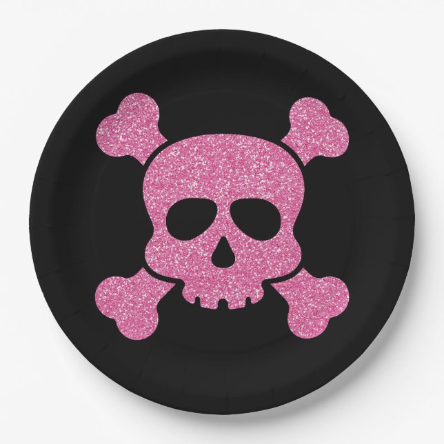 Pink Glitter Skull and Crossbones on Black Paper Plates (Front)
