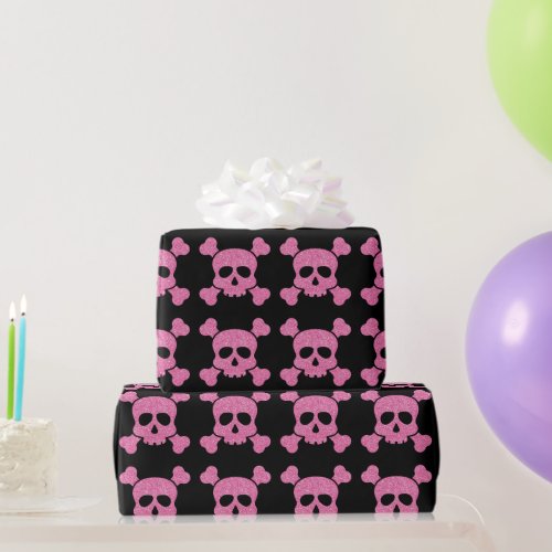 Pink Glitter Skull and Crossbones on Black Wrapping Paper