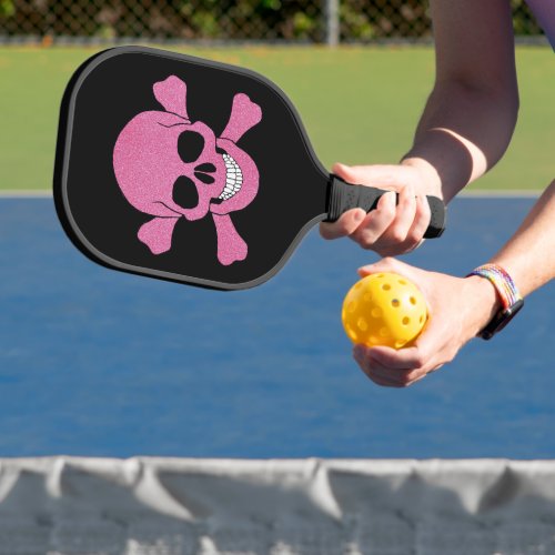 Pink Glitter Skull And Crossbones Pickleball Paddle