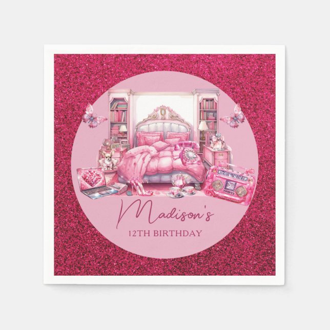 Pink Glitter Sleepover Girl Birthday Napkins (Front)