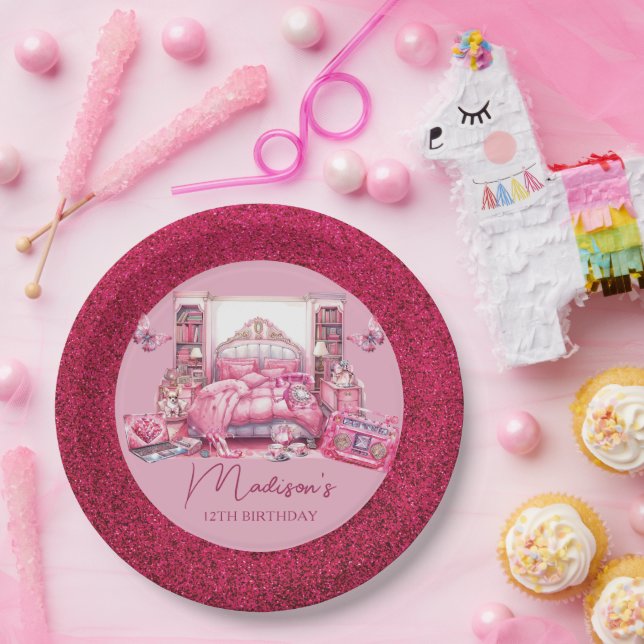 Pink Glitter Sleepover Girl Birthday Paper Plates (Party)