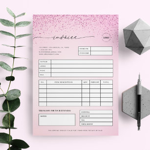 Pink Glitter Small Business Sales Invoice Receipt Letterhead