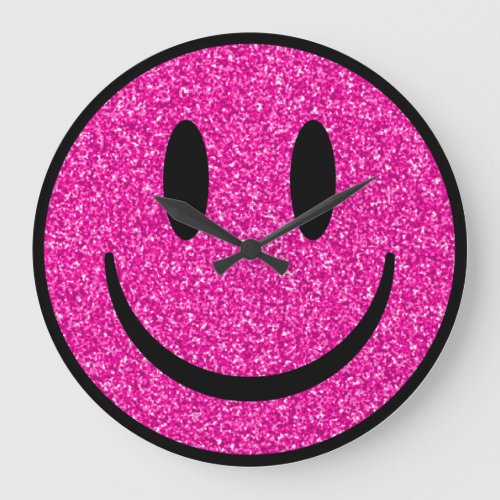 Pink Glitter Smile Face Large Clock