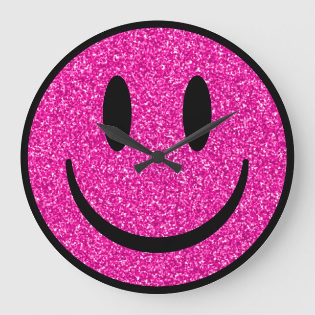 Pink Glitter Smile Face Large Clock (Front)