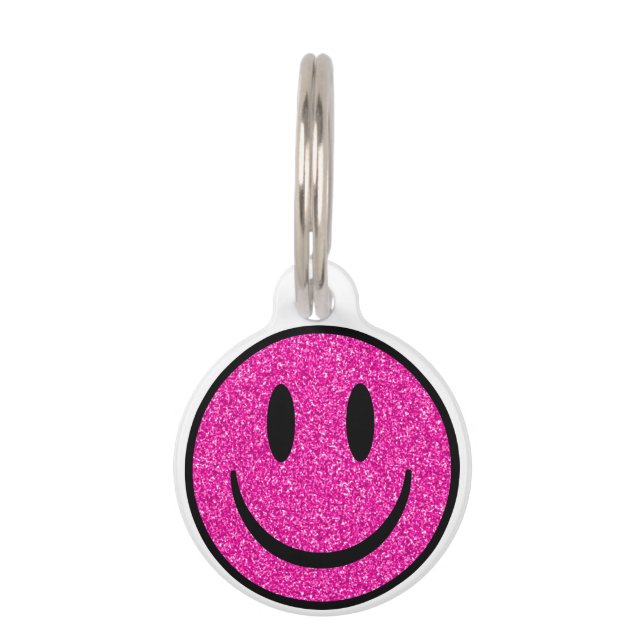 Pink Glitter Smile Face Pet ID Tag (Front)