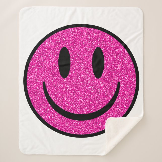 Pink Glitter Smile Face Sherpa Blanket (Front)