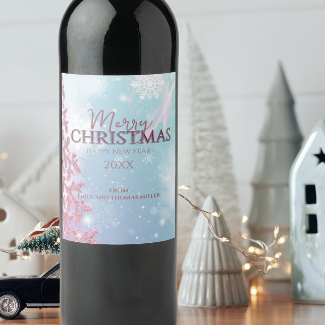 Pink Glitter Snowflake Winter Christmas Holiday Wine Label (Creator Uploaded)