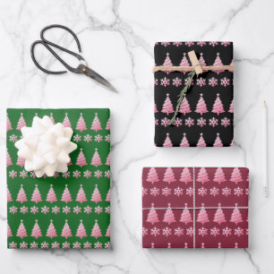 Pink Glitter Snowflakes Christmas Tree Holidays Wrapping Paper Sheets