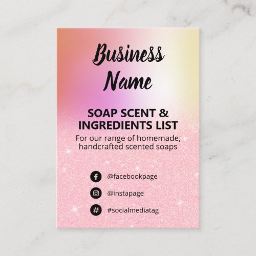 Pink Glitter Soap Scent Ingredients List Card