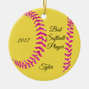 Pink Glitter Softball Stiches Ceramic Ornament