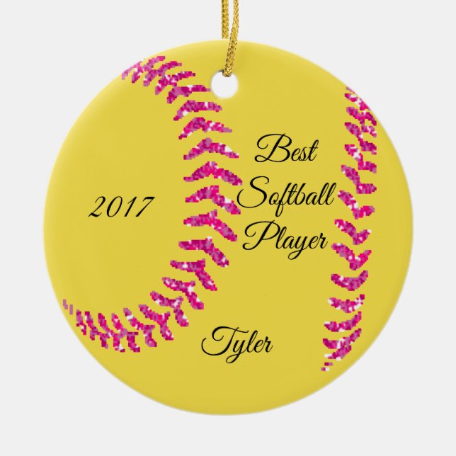 Pink Glitter Softball Stiches Ceramic Ornament (Front)