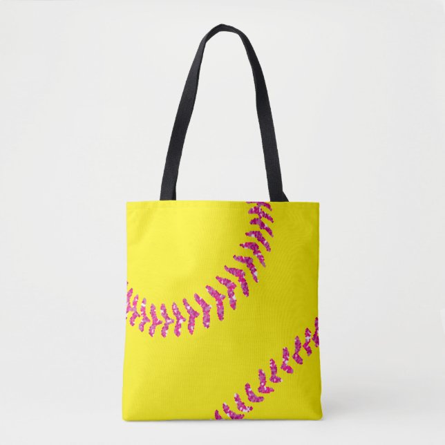 Pink Glitter Softball Stitches Tote Bag (Front)