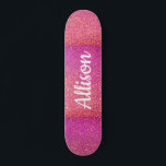 Pink Glitter Sparkle Girly Customized Skateboard<br><div class="desc">Show your moves on this cool bright pink faux glitter skateboard.  Personalized with name in white calligraphy script on the center. 
CLICK PERSONALIZE TEMPLATE OPTION AND ENTER NAME.</div>