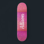 Pink Glitter Sparkle Girly Customized Skateboard<br><div class="desc">Show your moves on this cool bright pink faux glitter skateboard. Personalized with name in white calligraphy script on the center.
CLICK PERSONALIZE TEMPLATE OPTION AND ENTER NAME.</div>