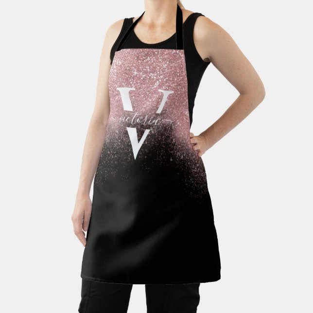  Pink Glitter Sparkle Monogram Black Girly Custom Apron (Insitu)