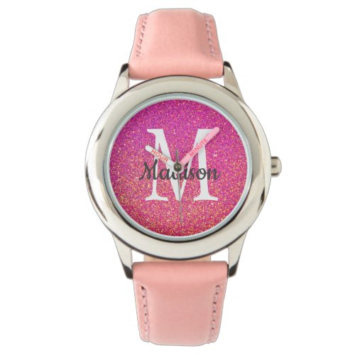 Pink Glitter Sparkle Monogram Name Watch