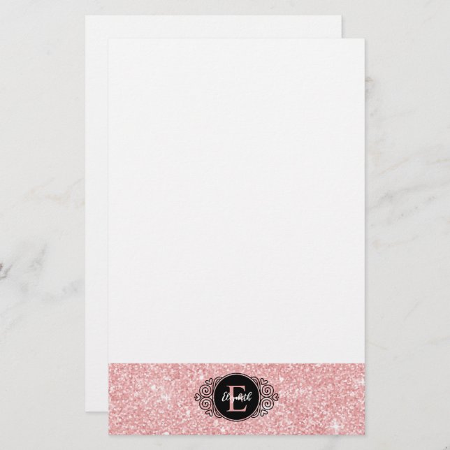 Pink Glitter Sparkle Monogram Personal Stationery (Front/Back)