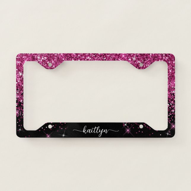 Pink Glitter Sparkle Script Monogram License Plate Frame (Front)