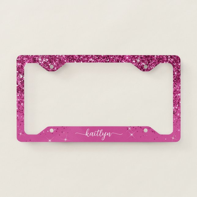 Pink Glitter Sparkle Script Monogram License Plate Frame (Front)