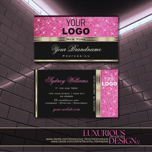 Pink Glitter Sparkle Stars add Logo Gold and Black Business Card