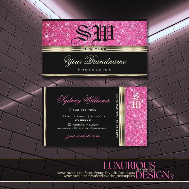 Pink Glitter Sparkle Stars Monogram Gold and Black Business Card (Creator Uploaded)