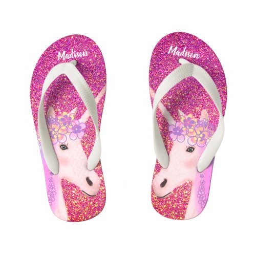 Pink Glitter Sparkle Unicorn Girls Personalized  Kids Flip Flops