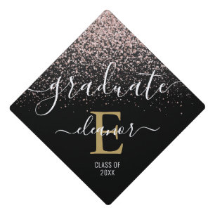 Pink Glitter Sparkles Elegant Gold Monogram Name Graduation Cap Topper