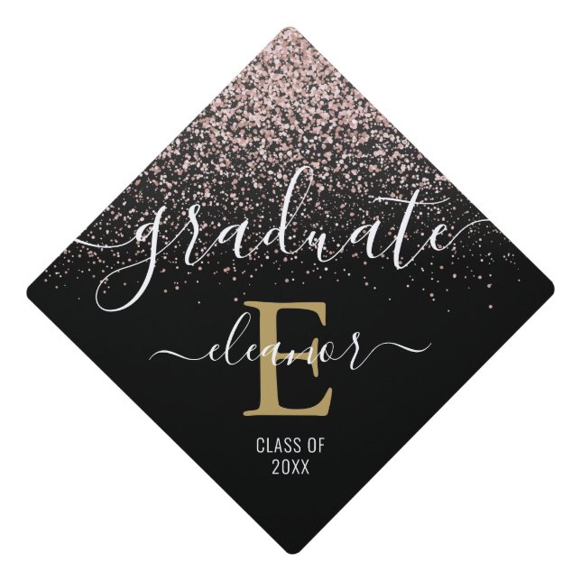 Pink Glitter Sparkles Elegant Gold Monogram Name Graduation Cap Topper (Front)