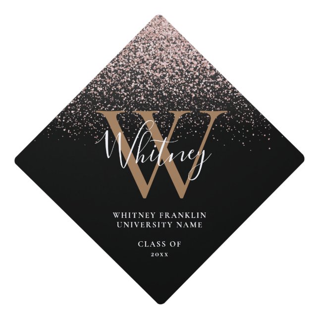 Pink Glitter Sparkles Elegant Script Monogram Graduation Cap Topper (Front)