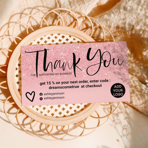 Pink glitter sparkles gradient order thank you business card