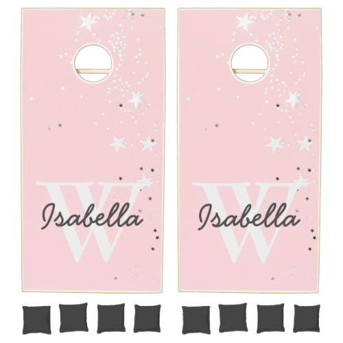 Pink Glitter Sparkles Monogram Name Personalized  Cornhole Set