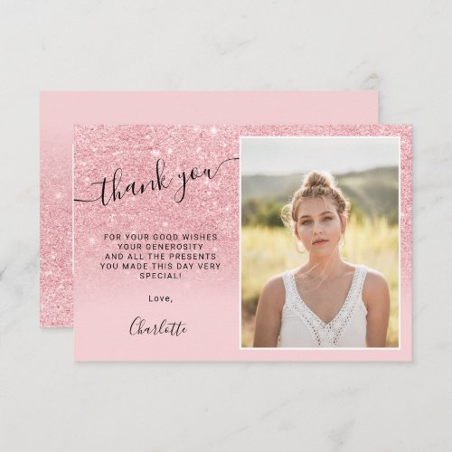 Pink glitter sparkles ombre 3 photos Sweet 16 Thank You Card