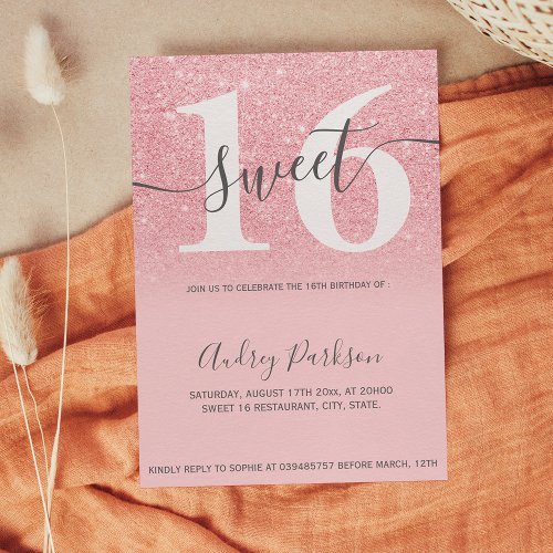 Pink glitter sparkles ombre girly script Sweet 16 Invitation