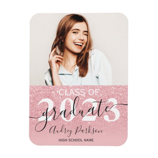 Pink glitter sparkles ombre photo graduation magnet (Vertical)