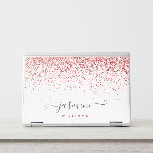 Pink glitter sparkles on white background monogram HP laptop skin (Front)
