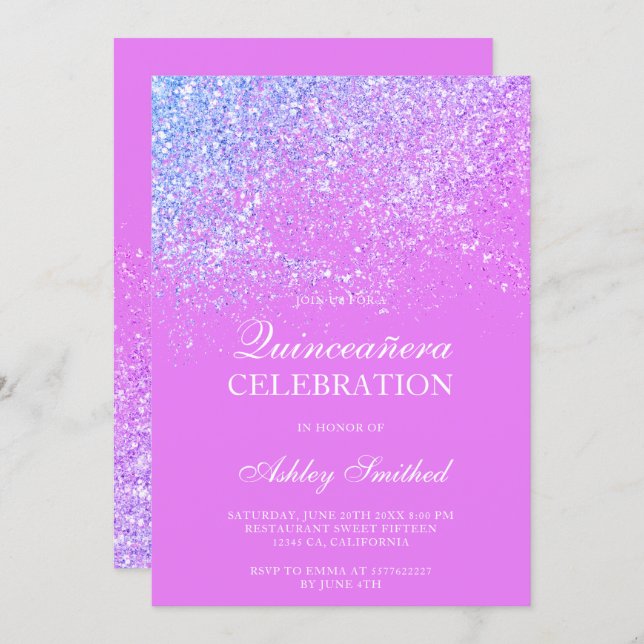 Pink glitter sparkles purple chic Quinceañera Invitation (Front/Back)