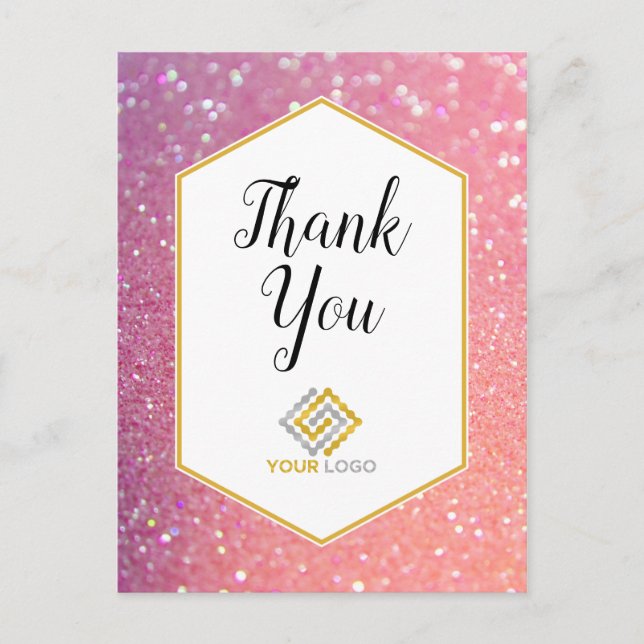 Pink Glitter Sparkles Thank You Logo Business Postcard (Front)